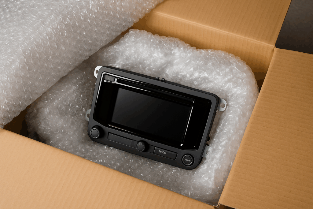 Autoradio sicher in Luftpolsterfolie verpackt und in einem stabilen Karton für den Versand vorbereitet.